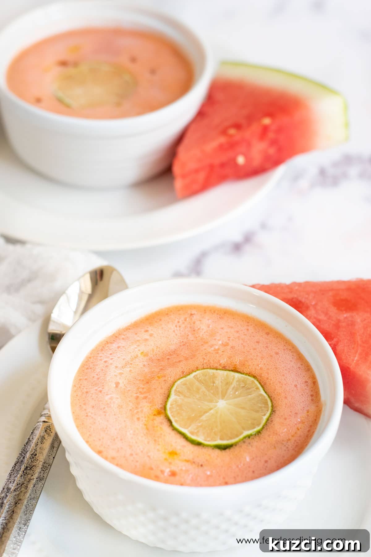 9 Cold Soup Recipes to Keep Your Kitchen Cool 5 Two bowls of chilled watermelon soup.