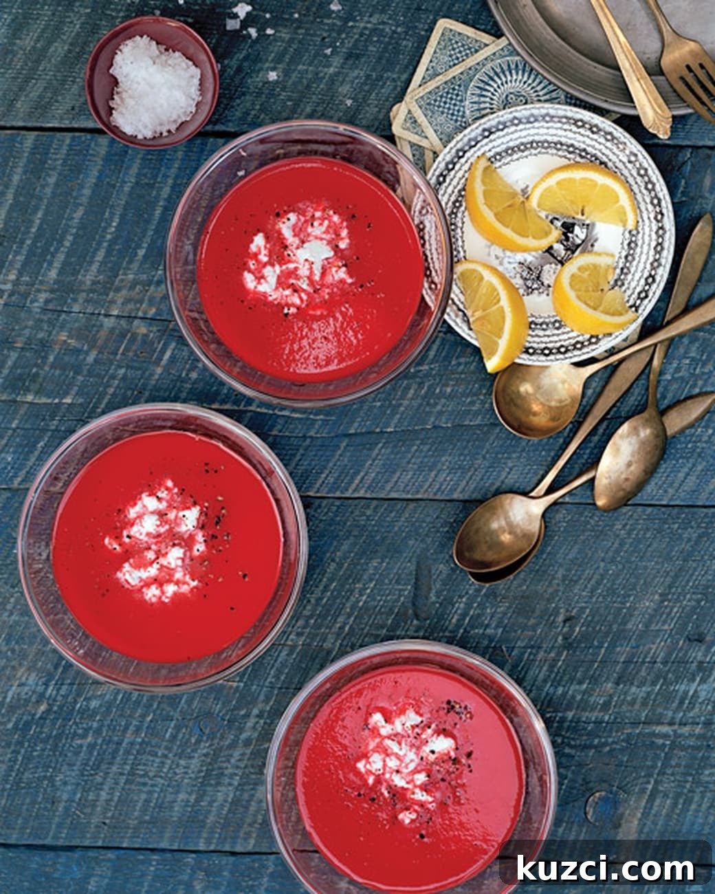9 Cold Soup Recipes to Keep Your Kitchen Cool 7 Three bowls of red pepper beet soup.