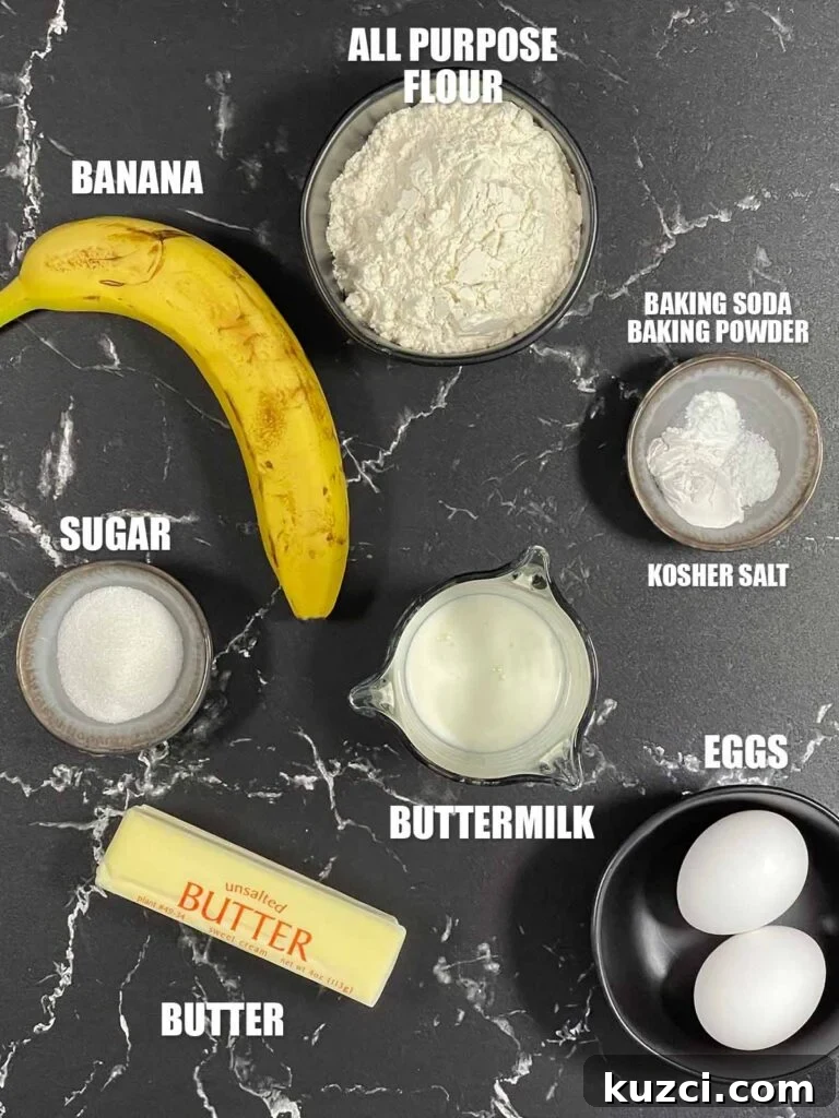 Fluffy Homemade Buttermilk Banana Pancakes 3 Ingredients for banana pancakes recipe including ripe banana, flour, eggs, buttermilk, granulated sugar and butter.