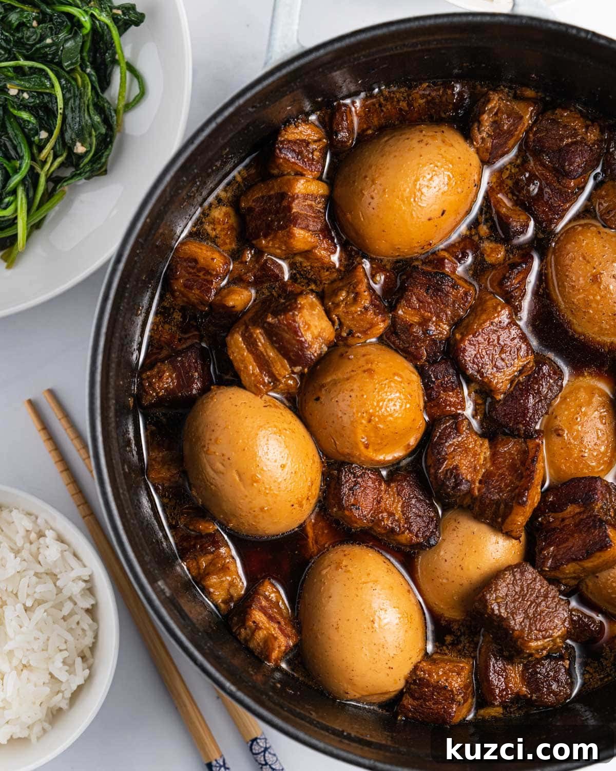 pot of thit kho with caramelized pork belly and eggs.