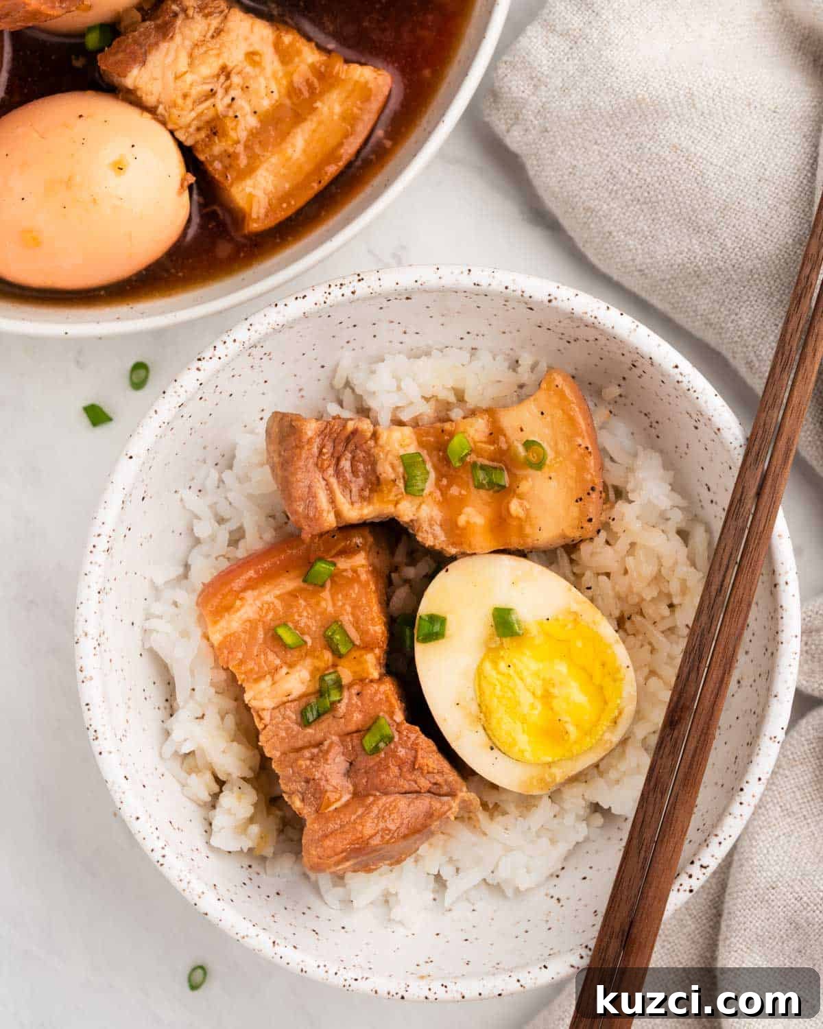 Bowl of rice with chunks of braised pork belly and eggs.