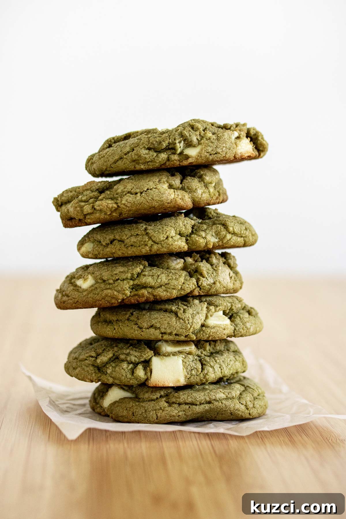 Homemade Matcha White Chocolate Chip Cookies Recipe 2 Baked matcha cookies with white chocolate chips.