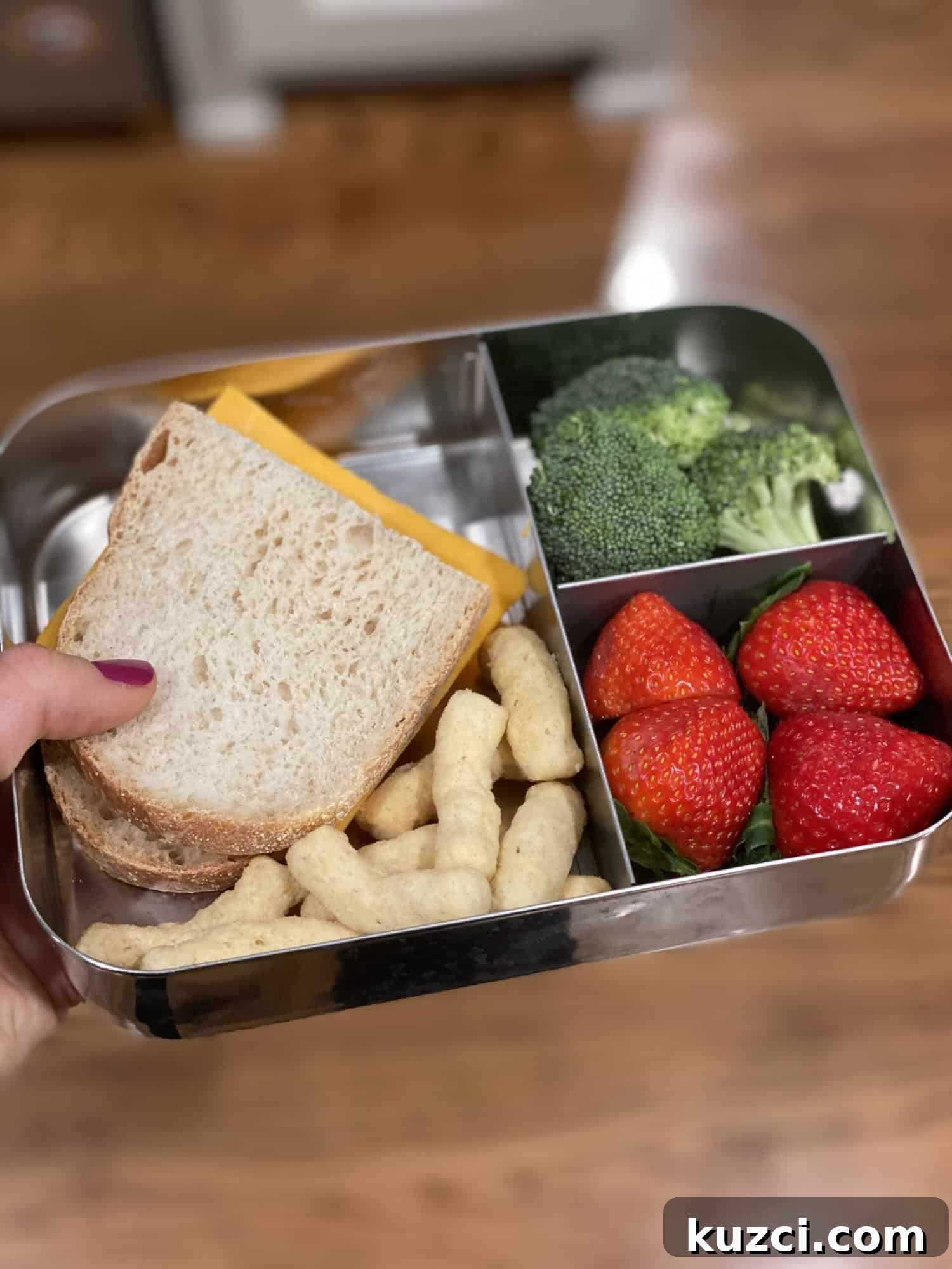 a healthy preschool meal in a segmented metal lunchbox. half a sandwich with meat and cheese, several Hippeas puffs, three raw broccoli stalks, four strawberries