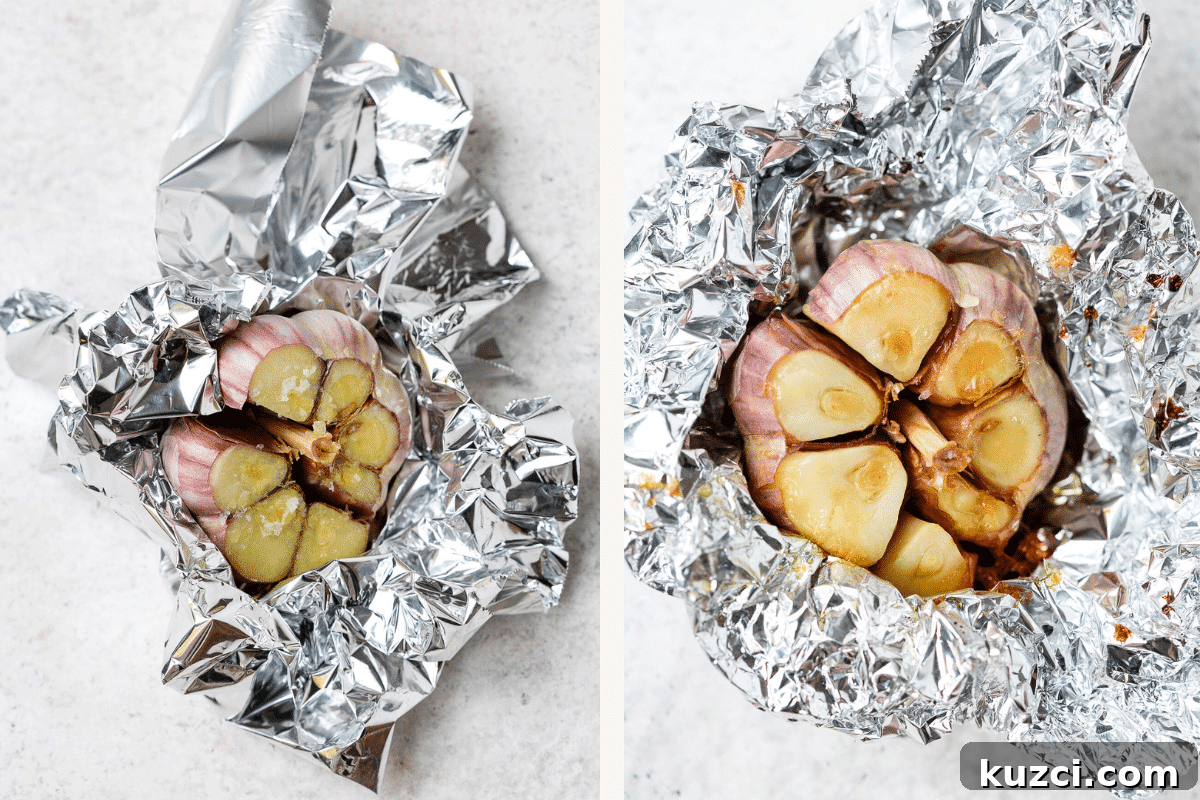 Wrapping head of garlic in foil. 