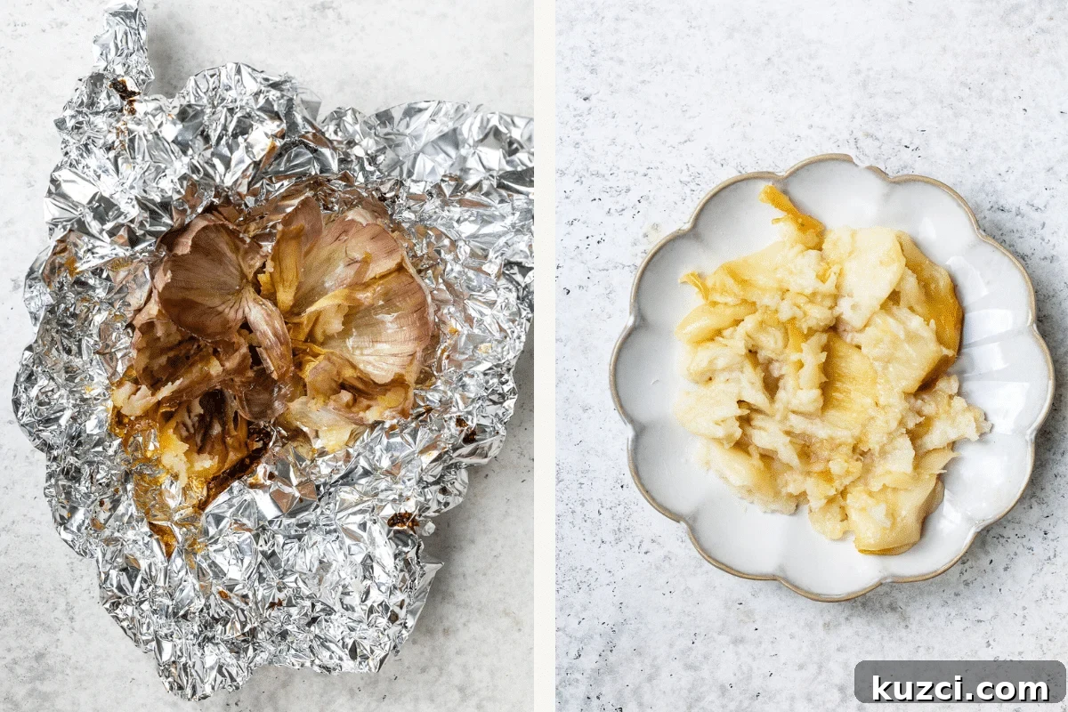 Left: garlic peel in foil. Right: roasted garlic cloves mashed on a plate.