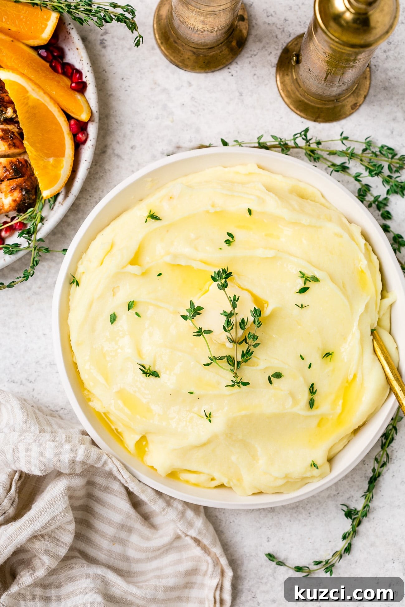 Roasted garlic mashed potatoes in a serving dish. 