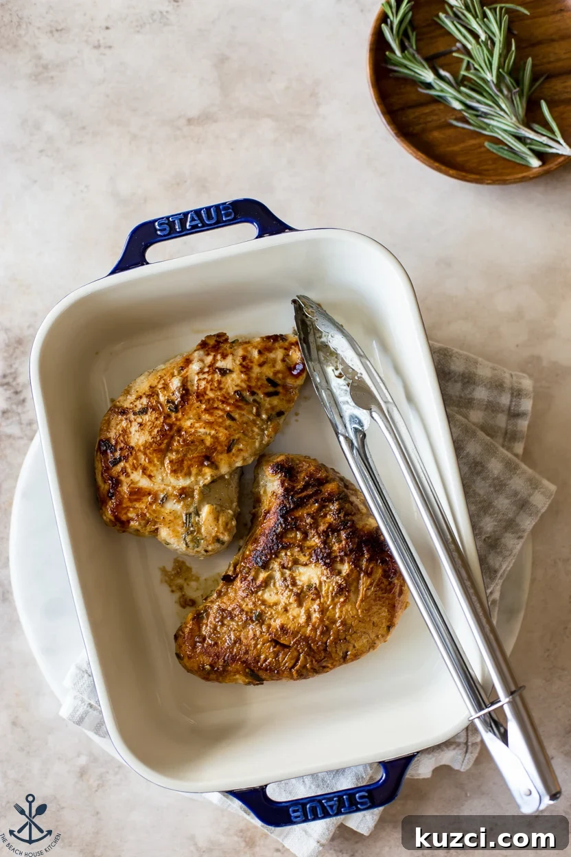 Overhead photo of a baking dish with two cooked turkey tenderloins