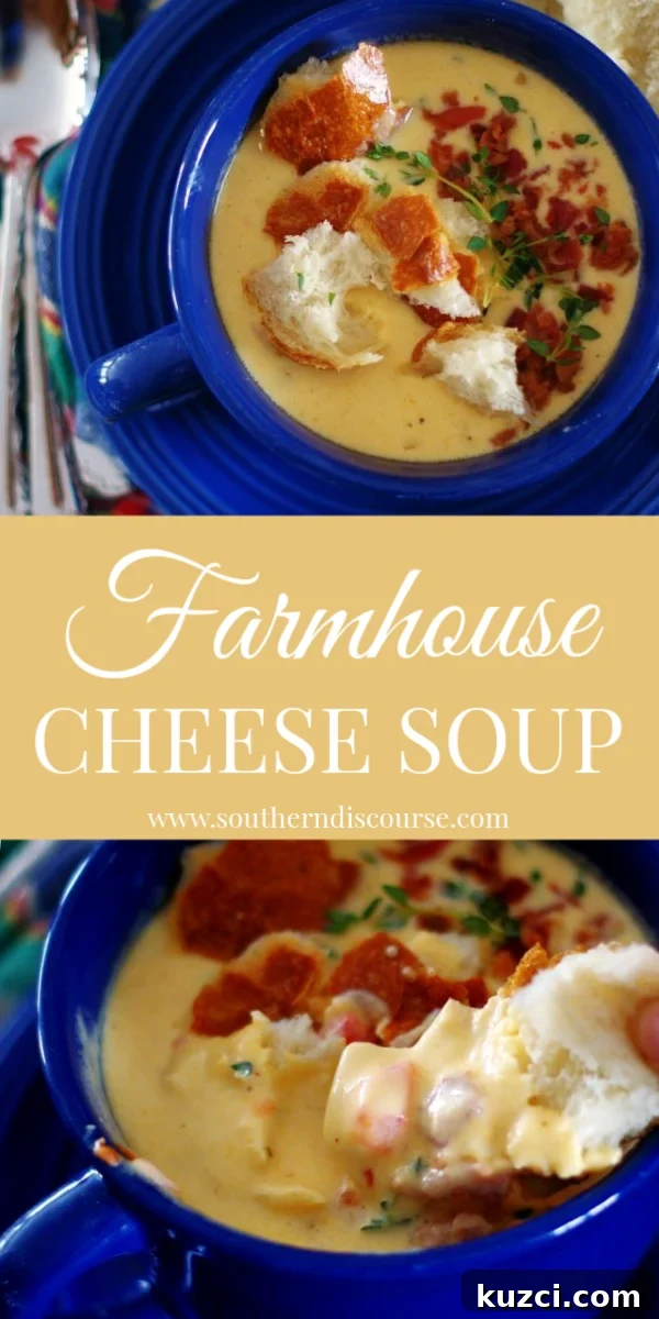 A delicious farmhouse twist on classic cheese soup. With a little white wine, thyme, roasted red peppers, and sharp cheddar, this rich and creamy cheese soup will be a favorite!