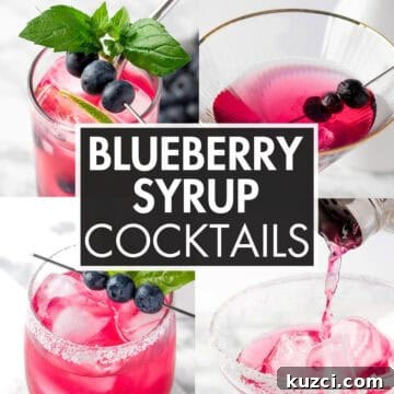 A collage of cocktails with the text overlay: 'Blueberry Syrup Cocktails'.
