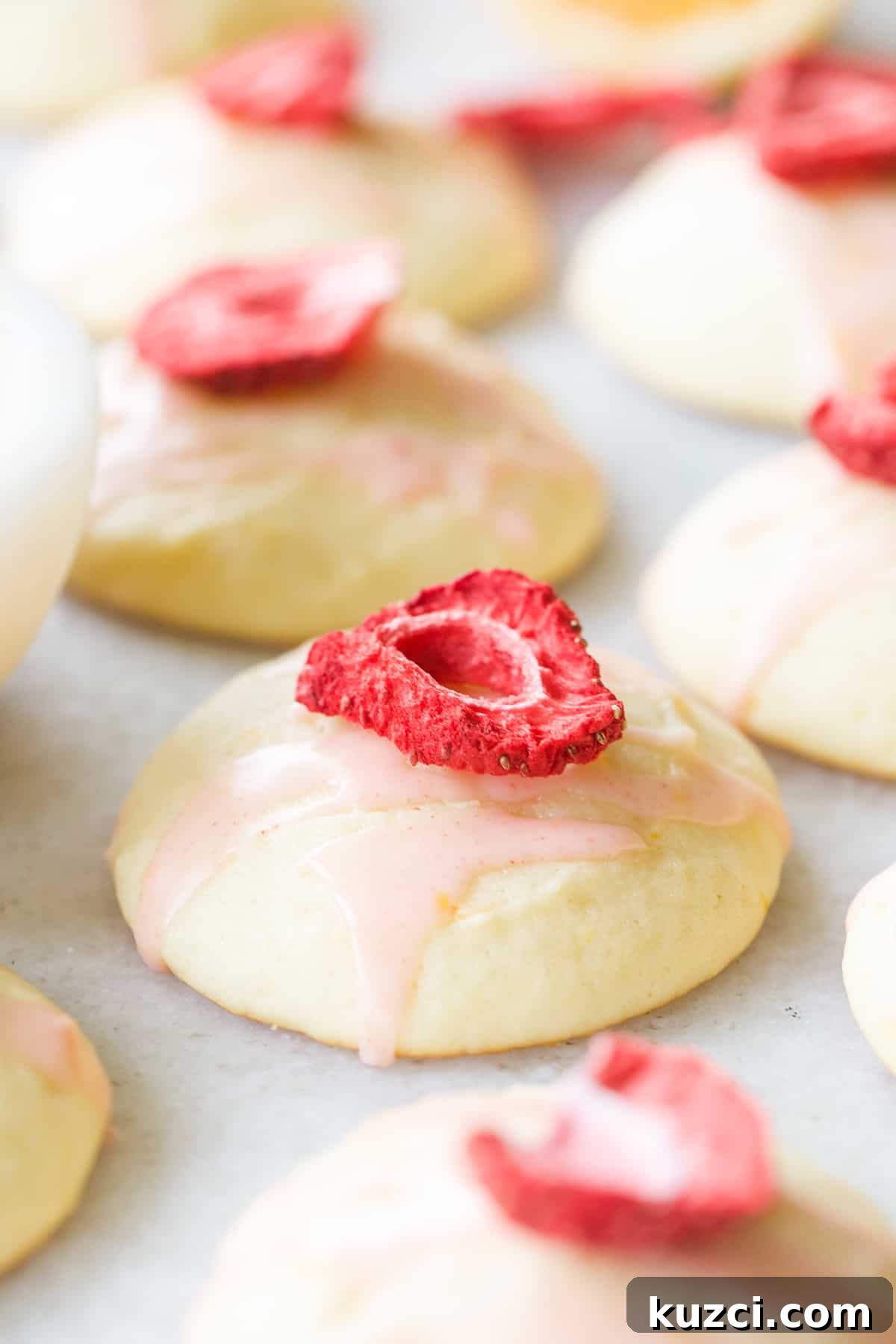 Cookie Recipes for Holidays, Parties, and Everyday Treats 6 Lemon ricotta cookies with a dried strawberry on the top.