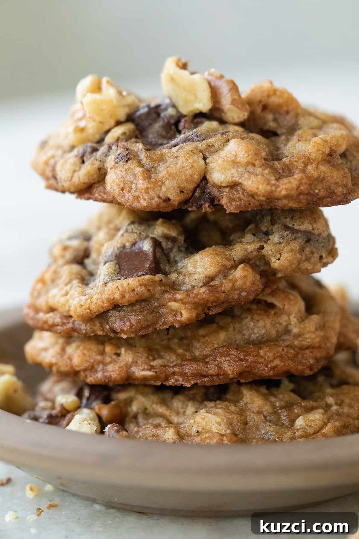 Cookie Recipes for Holidays, Parties, and Everyday Treats 10 Stack of cookies with chocolate chips and walnuts.