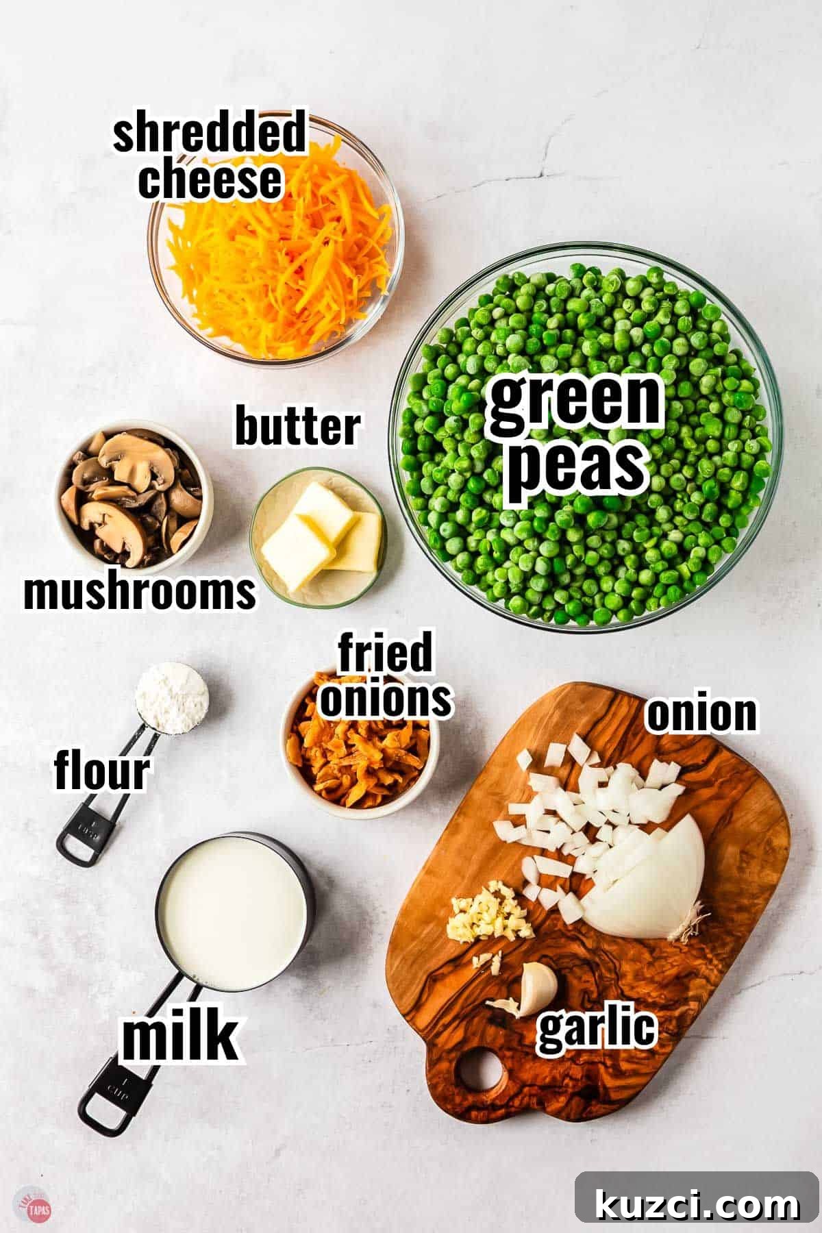 ingredients for a casserole in individual bowls with text overlay labeling them