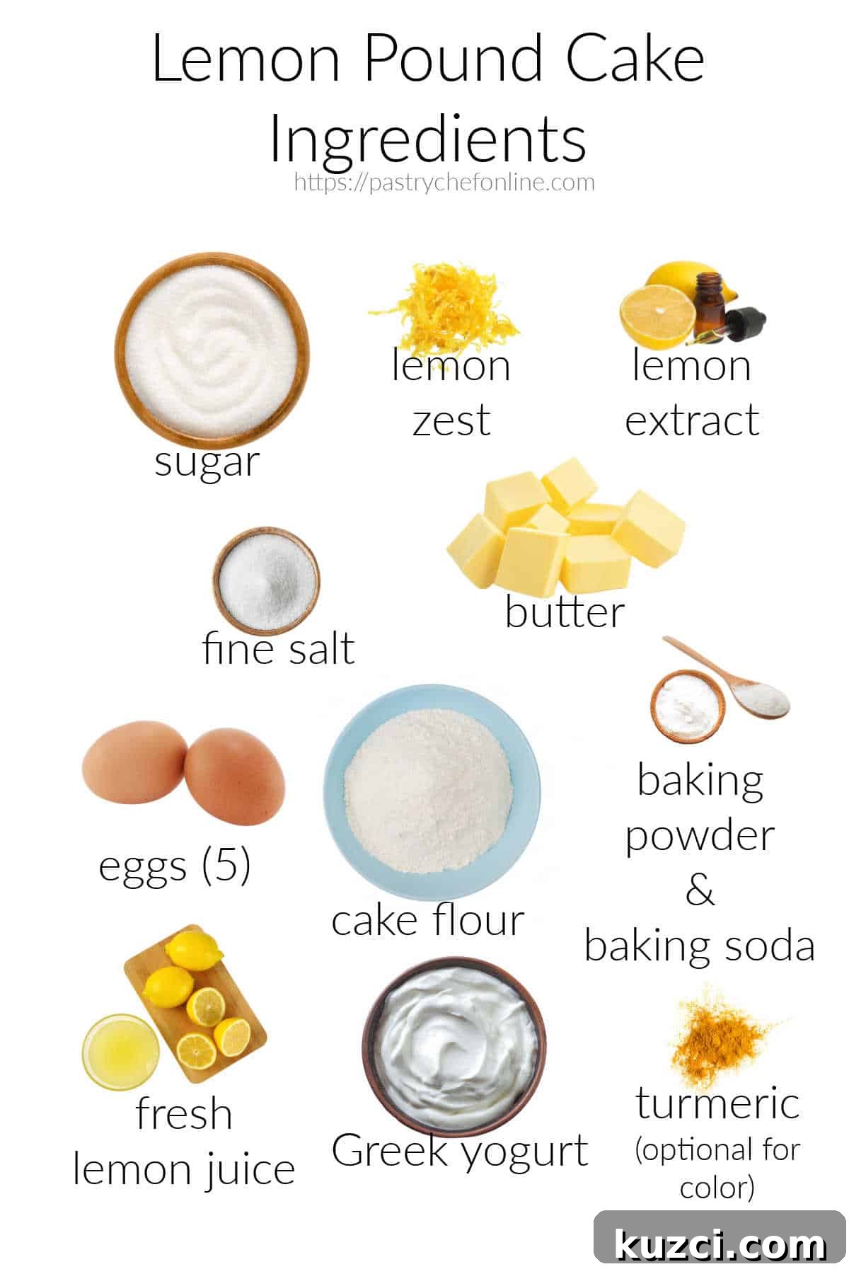 Zesty Lemon Pound Cake for Serious Lemon Lovers 4 All the ingredients for making a lemon pound cake, labeled and on a white background.