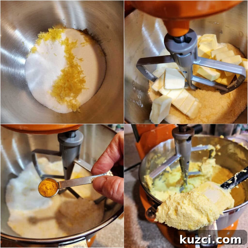 Zesty Lemon Pound Cake for Serious Lemon Lovers 5 Collage showing steps: mixing sugar and zest with butter until fluffy