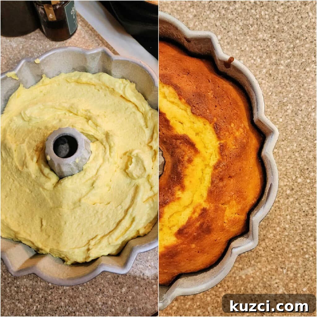 Zesty Lemon Pound Cake for Serious Lemon Lovers 6 Batter in a Bundt pan and a baked Bundt cake showing the crack along the top