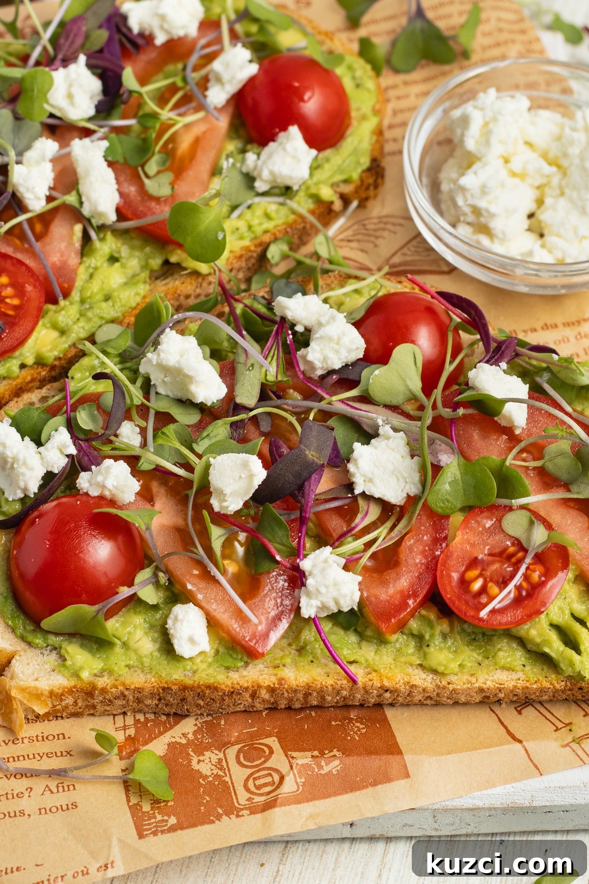 Tomato Goat Cheese Avocado Toast 3 Avocado toasts with tomato and goat cheese.