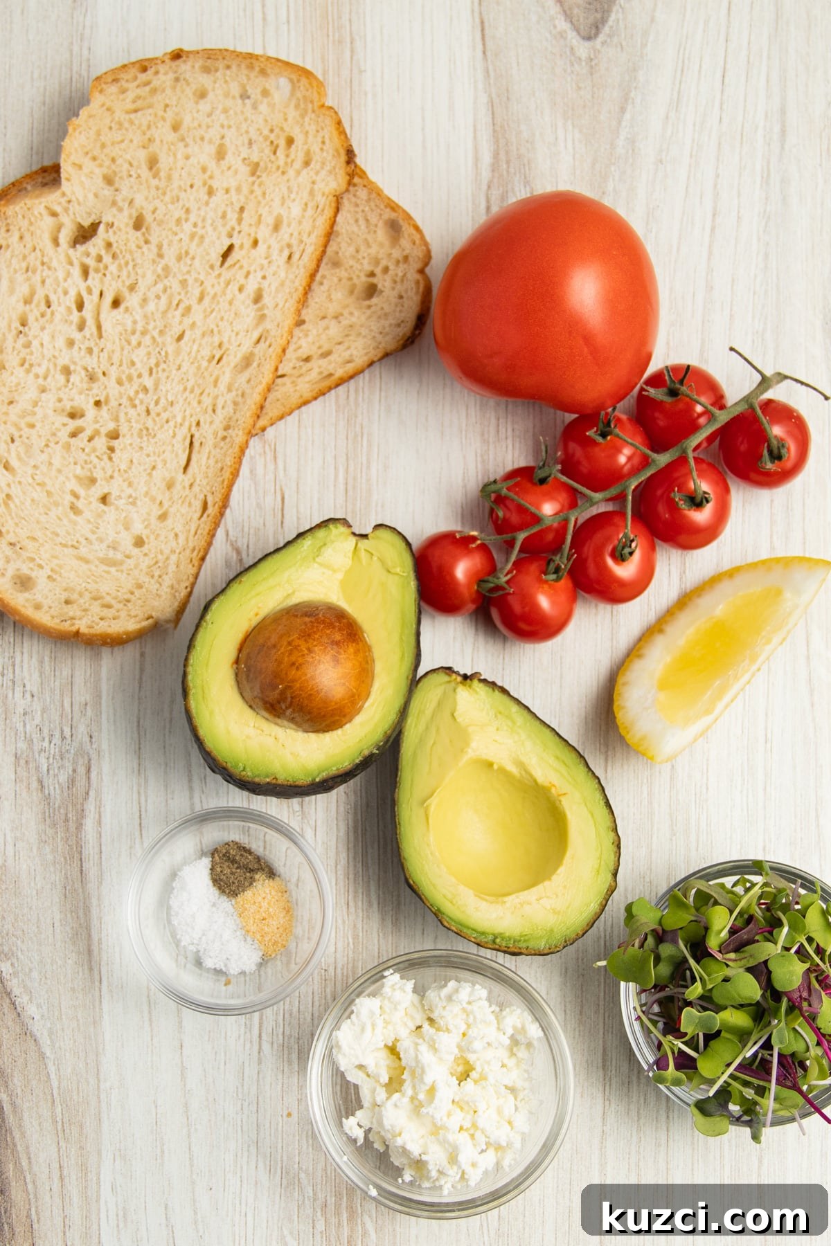 Tomato Goat Cheese Avocado Toast 4 Ingredients for avocado toast with tomato and goat cheese.