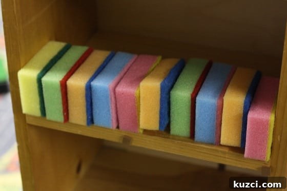 sponges lined up in the dollhouse