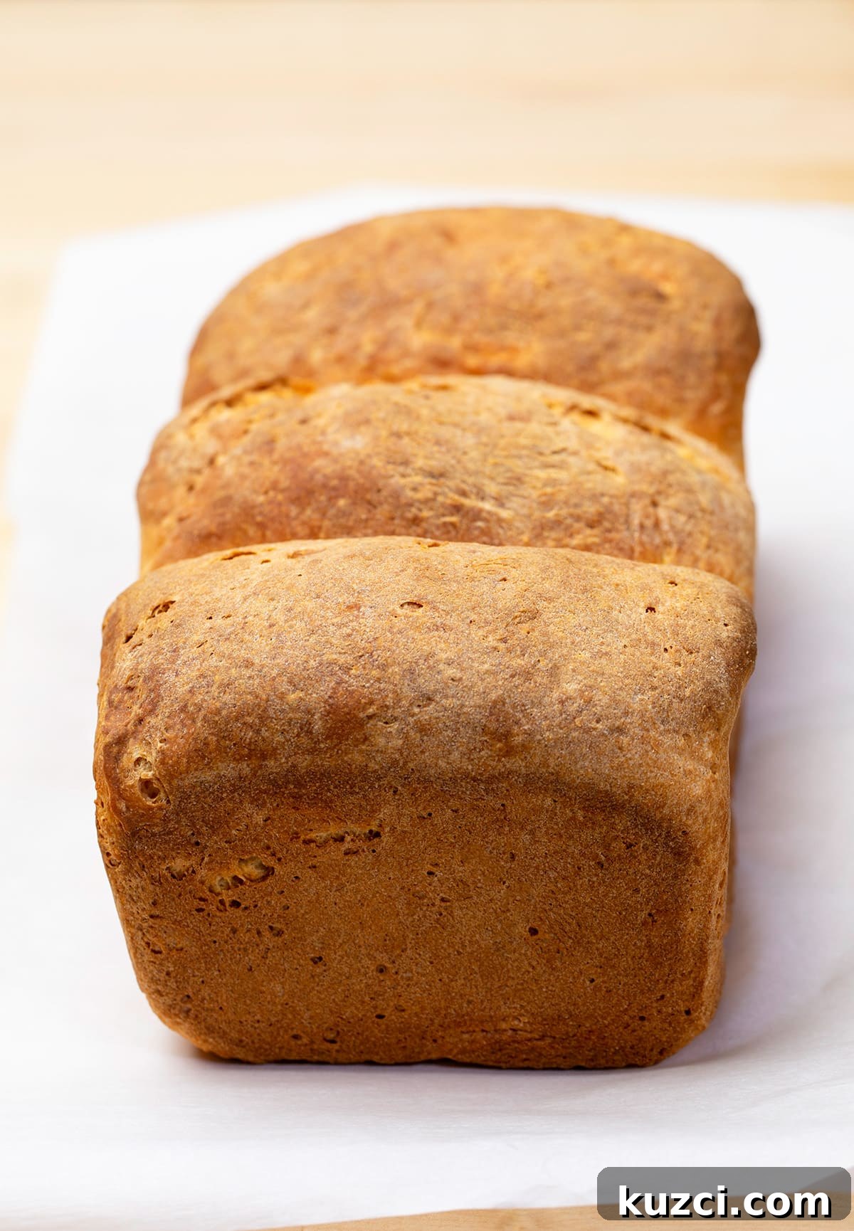 Whole loaf of bread with brown crust made of 3 joined parts on white paper on blonde wood table