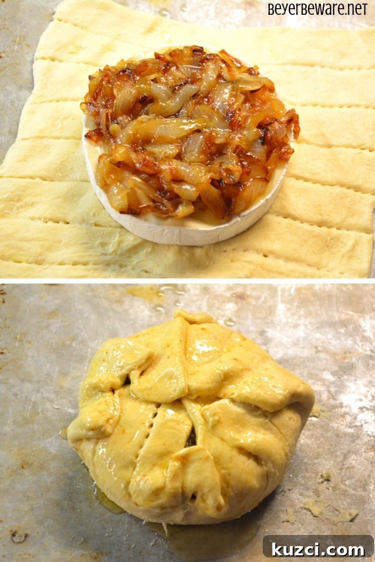 Caramelized Onion Baked Brie Crescent Ring (Brie en Croute) 8 Caramelized onion baked brie crescent round is a simple combination of butter and onions browned until caramelized and piled into a brie round wrapped in crescent rounds.