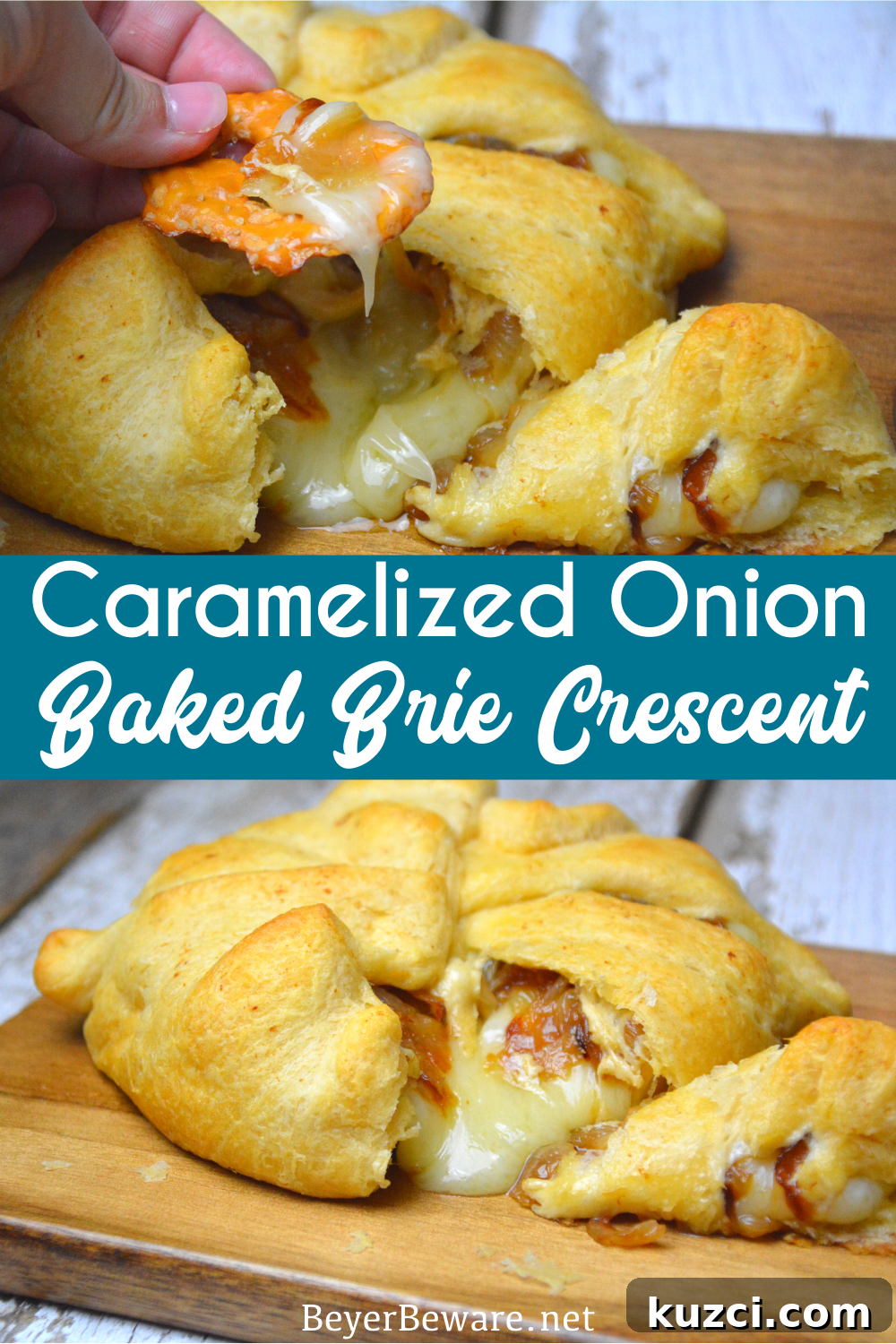 Caramelized Onion Baked Brie Crescent Ring (Brie en Croute) 10 Caramelized onion baked brie crescent round is a simple brie en croute recipe made with caramelized onions and brie for a baked brie recipe.
