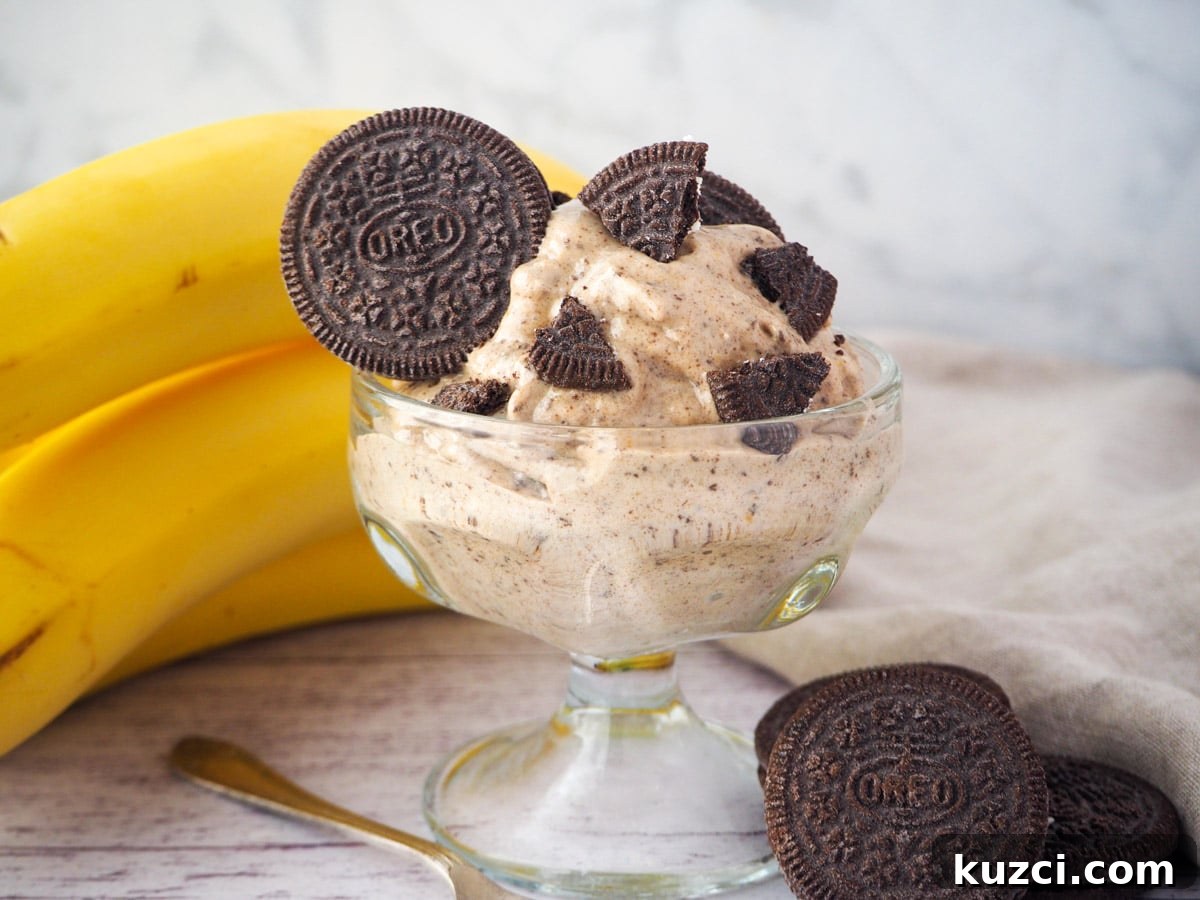 Cookies and Cream Nice Cream Recipe 2 Serve of cookies and cream nice cream in a bowl, with pieces of Oreos, bananas and whole Oreos in the background.