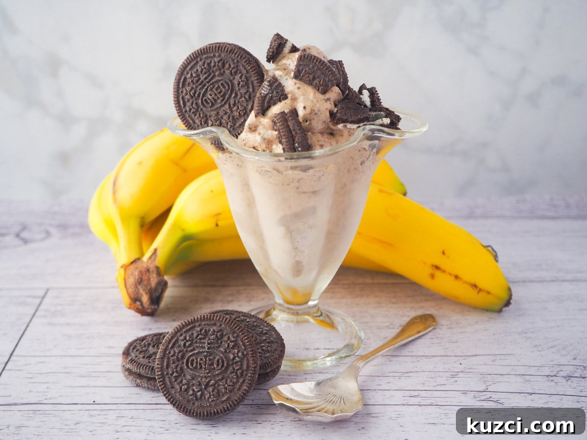 Cookies and Cream Nice Cream Recipe 13 Serve of cookies and cream nice cream in a sundae glass, with pieces of Oreos, bananas and whole Oreos in the background.