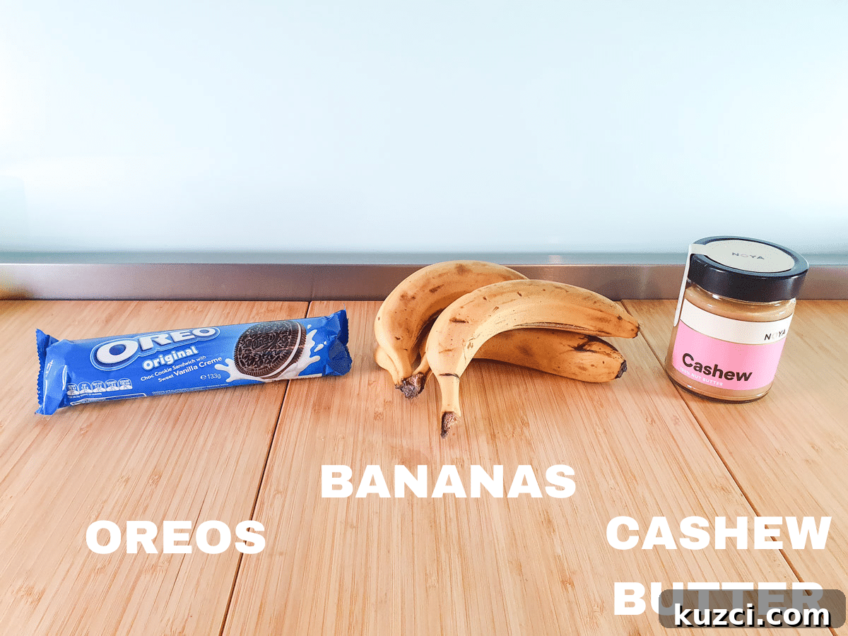 Cookies and Cream Nice Cream Recipe 3 Cookies and cream nice cream ingredients, Oreos, bananas and cashew butter.