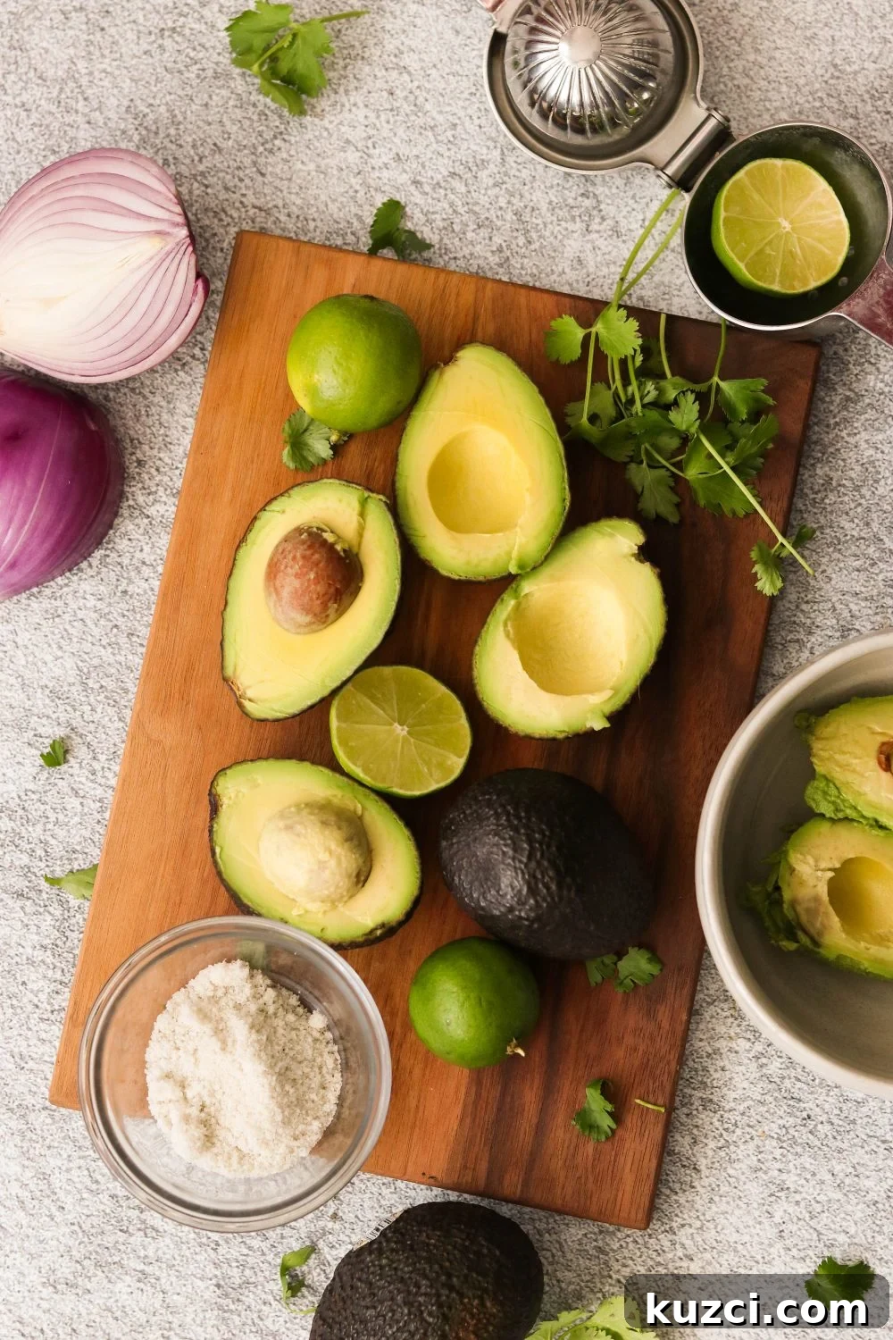 Homemade Keto Guacamole Recipe for Low Carb Avocado Dip 3 recipe ingredients on a cutting board