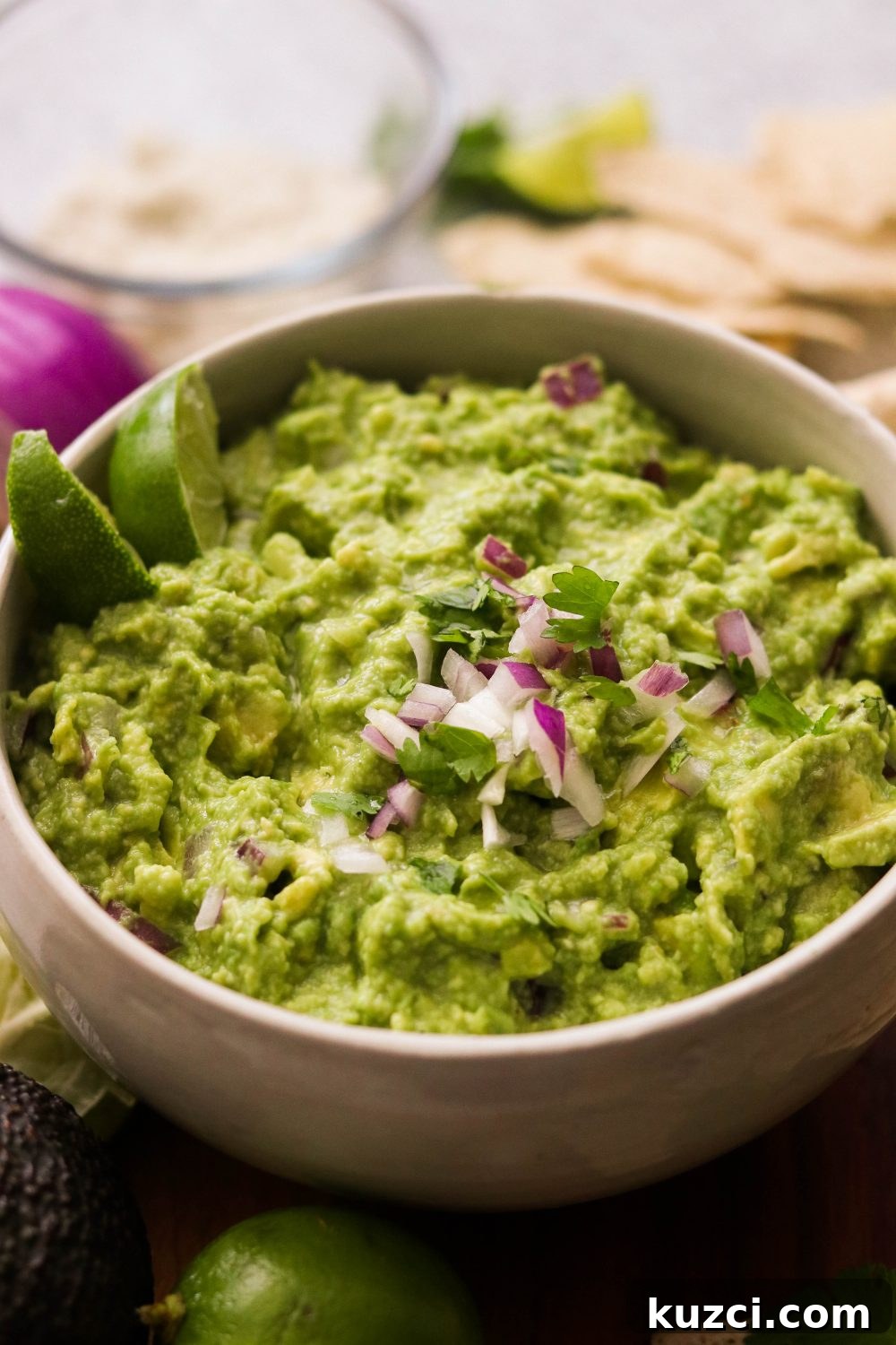 Homemade Keto Guacamole Recipe for Low Carb Avocado Dip 6 a close up of keto guacamole in a bowl with onions and cilantro