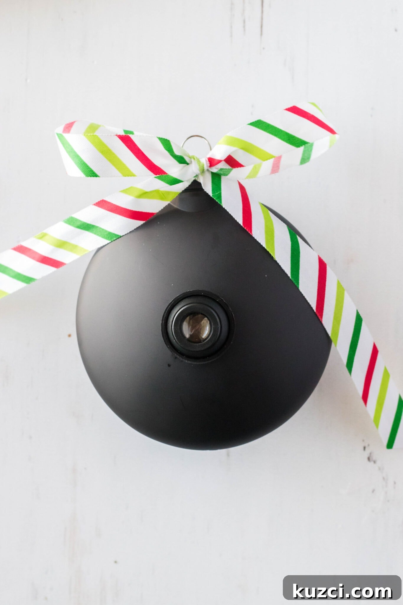 How to Make a Santa Cam Ornament for Your Christmas Tree 6 black ornament with christmas ribbon attached