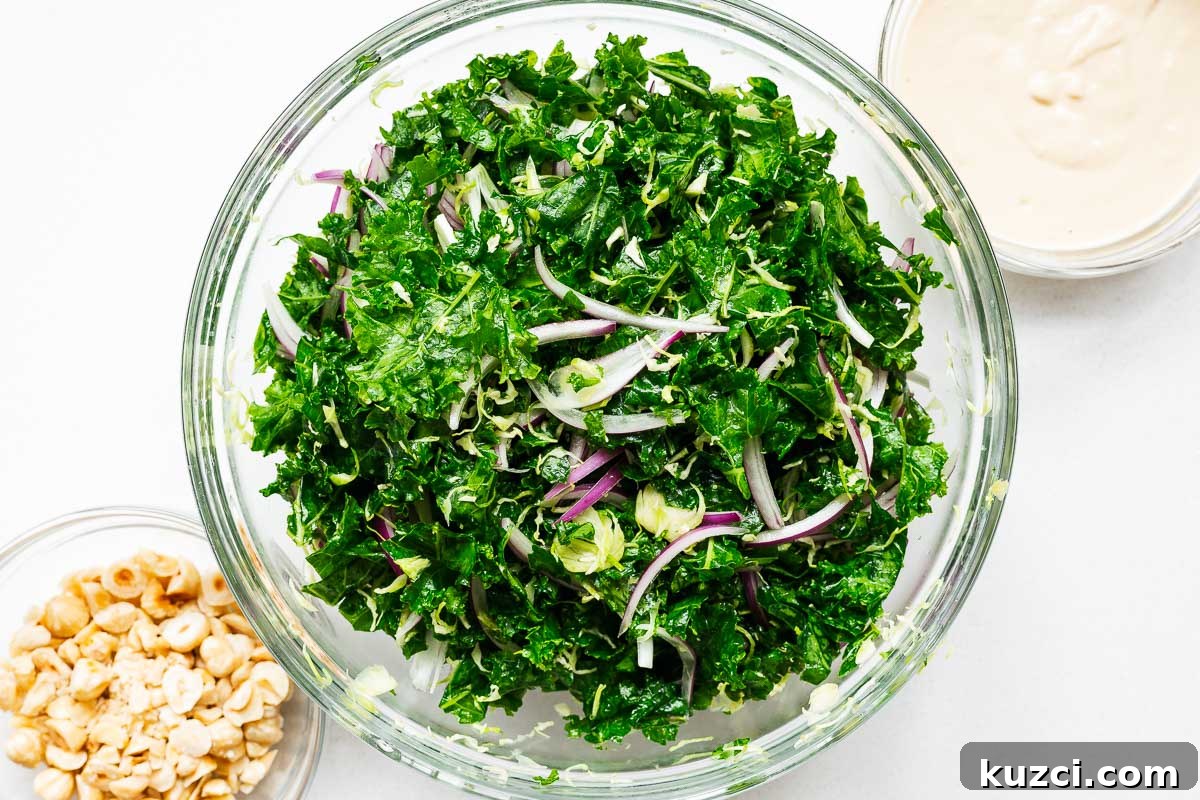 Shredded kale and Brussels sprouts with a creamy dressing and toasted hazelnuts.