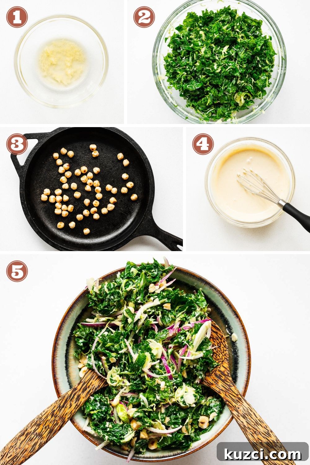 How to make vegan tahini kale salad in five easy steps: Mellow the garlic in vinegar, massage the kale, toast the hazelnuts, mix the tahini dressing, and assemble the salad.