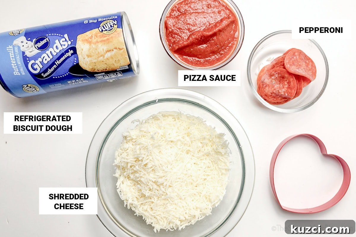 ingredients to make biscuit pizzas, with text labels.