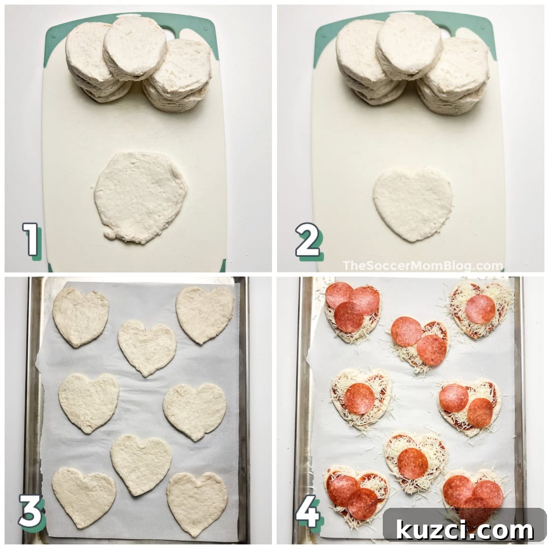 4 step photo collage showing how to make heart shaped pizzas out of biscuit dough.