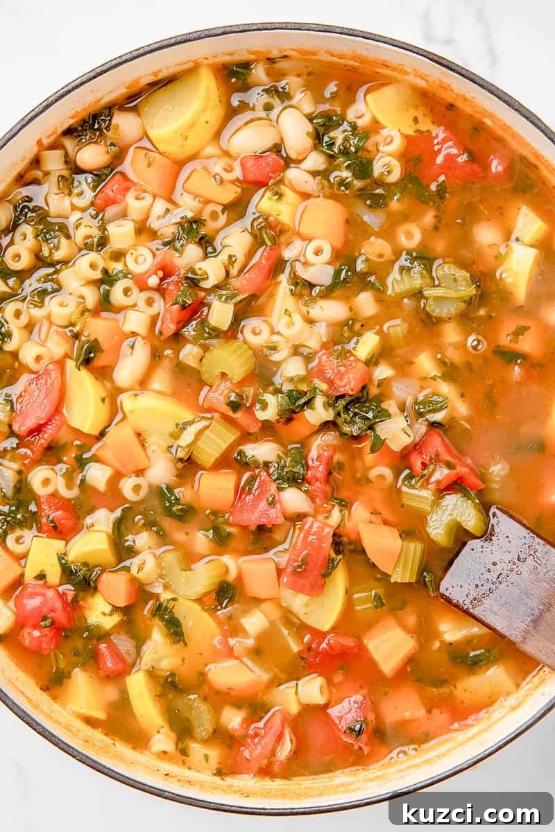 A pot of vegetable soup with pasta, tomatoes, carrots, squash, celery, beans, and leafy greens in a broth.