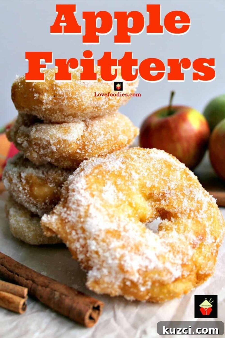 Apple fritters close-up: crispy batter and cinnamon sugar