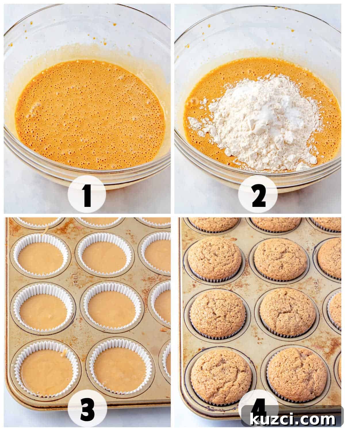 Coffee Cupcake Recipe with Coffee Buttercream Frosting 3 Step-by-step process of making Coffee Cupcakes: mixing wet ingredients, adding flour, pouring coffee-infused batter into liners, and baking cupcakes in a tin.