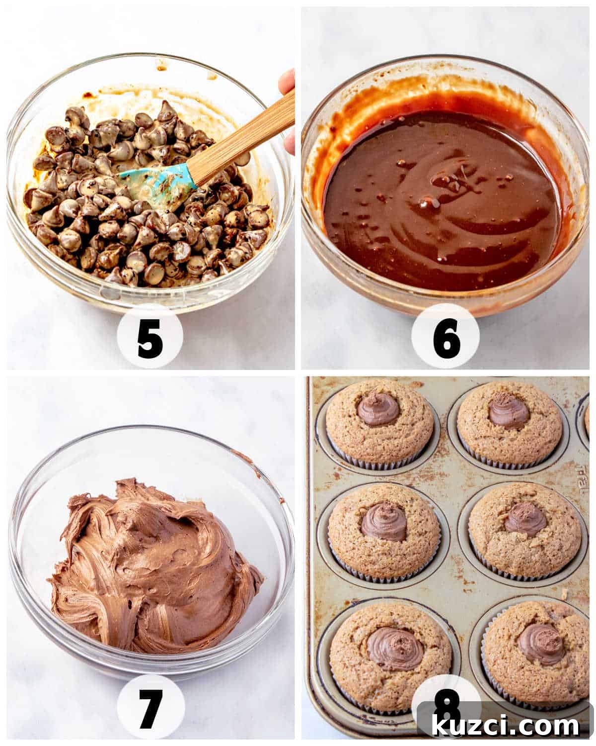 Coffee Cupcake Recipe with Coffee Buttercream Frosting 4 A four-step baking process: mixing chocolate chips, bowl of melted chocolate, whipped chocolate frosting, and Coffee Cupcakes topped with frosting.