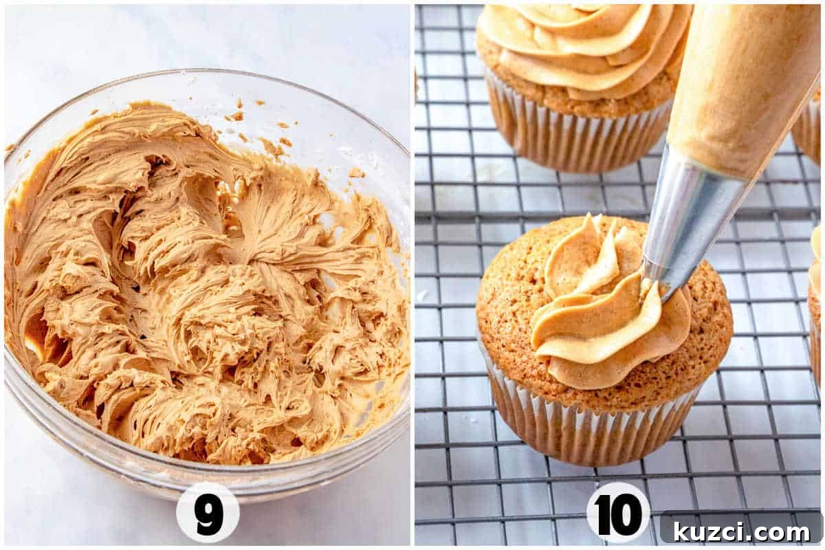 Coffee Cupcake Recipe with Coffee Buttercream Frosting 5 A bowl of whipped frosting on the left and a Coffee Cupcakes creation being piped with frosting on the right.