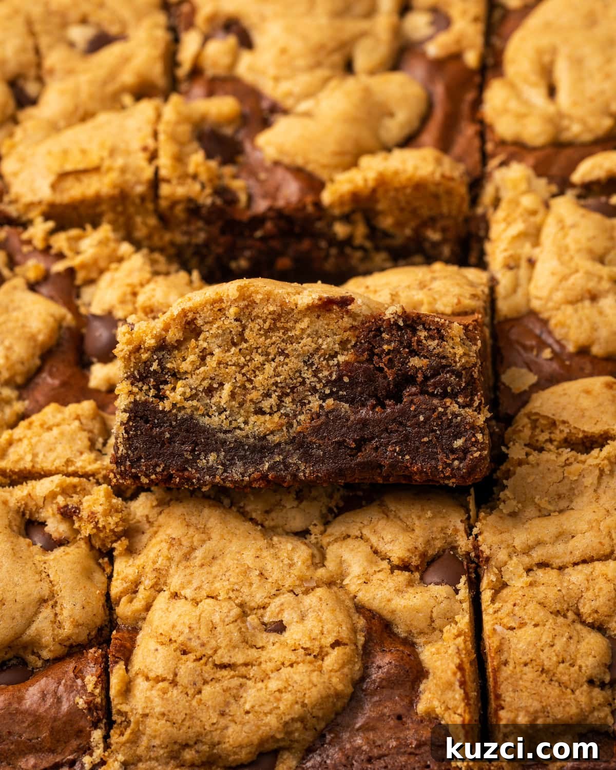Close up of baked brookies. Close up of baked brookies with one brookie propped up to show the layers of cookie and brownie.