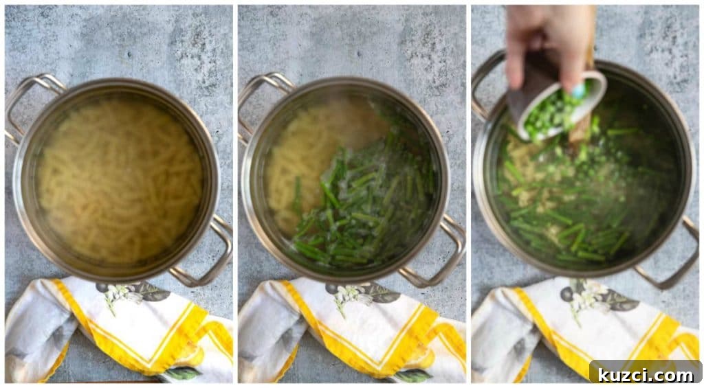 A collage of photos of step by step images on how to make this cold pasta salad.