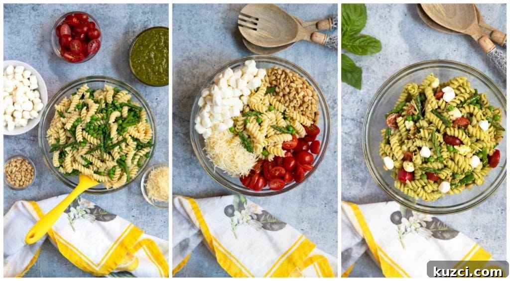 A collage of photos of step by step images on how to make this pasta salad recipe.
