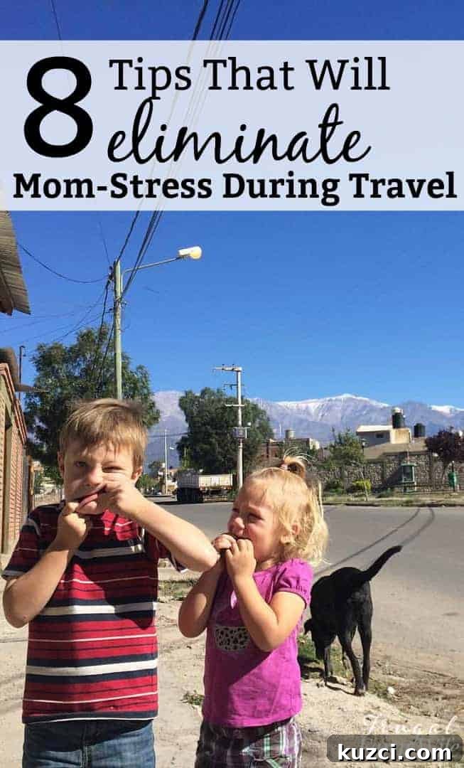 Two small kids standing outside on a street making silly faces with mountains in the background. Text overlay reads '8 Tips That Will Eliminate Mom-Stress During Travel'