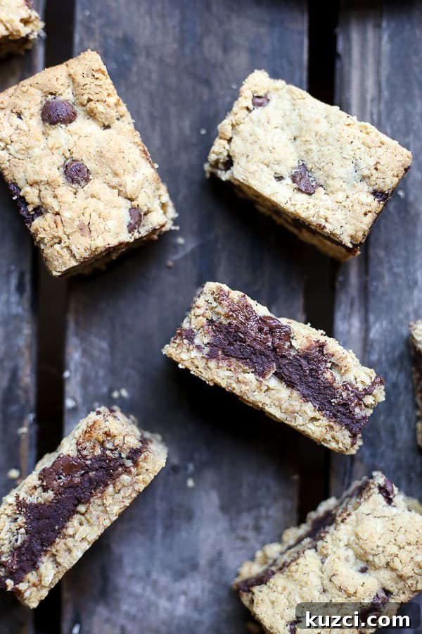 overhead of Nutella Fudge Oat Bars on wooden table
