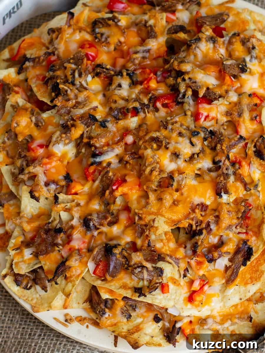 Pulled Pork Nachos with Melted Cheese and Jalapeños 2 Overhead picture of baked nacho appetizer.