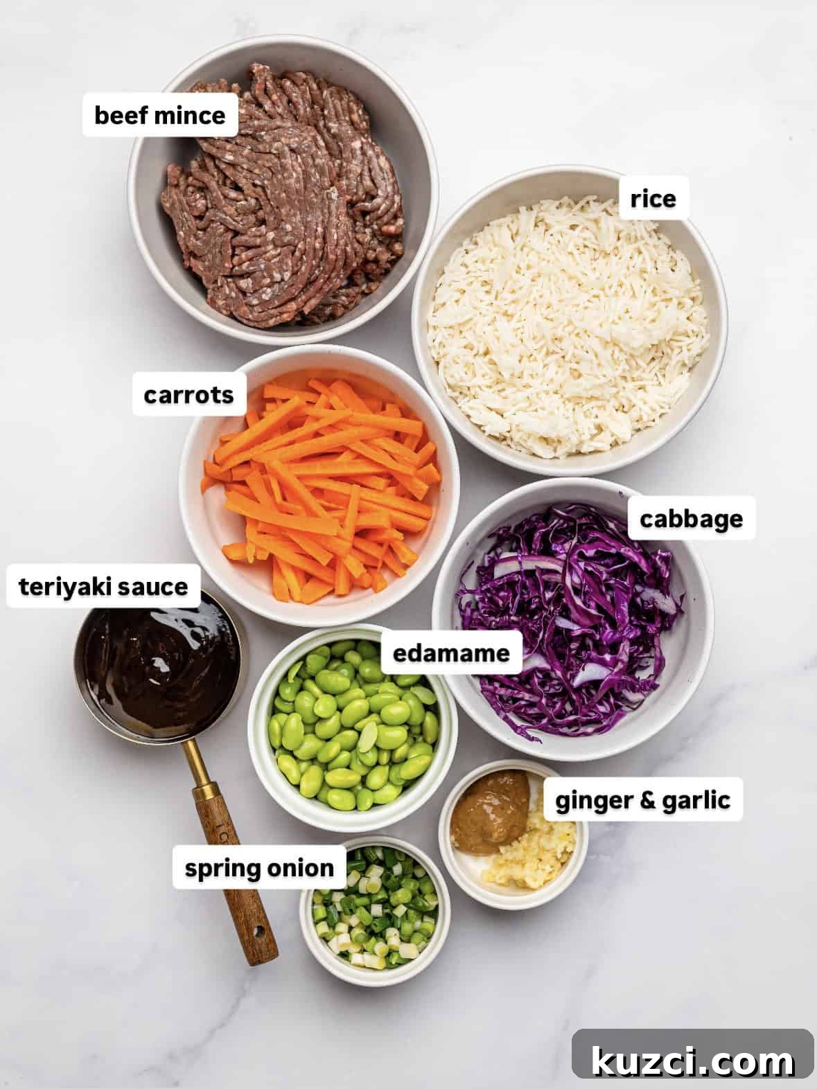 High Protein Teriyaki Beef Bowls for Meal Prep 5 Teriyaki Beef Bowls ingredients.