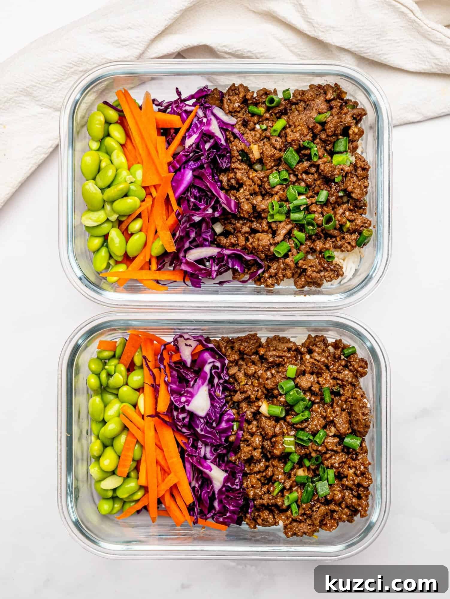 High Protein Teriyaki Beef Bowls for Meal Prep 7 Meal prep beef teriyaki bowls in glass containers.