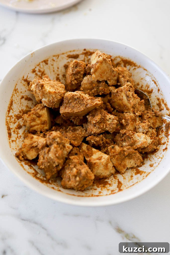 Crispy Air Fryer Tofu Nuggets Vegan and Gluten Free 5 crispy tofu nuggets with nutritional yeast