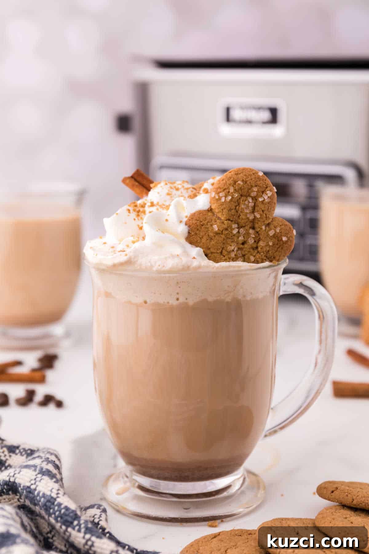 Gingerbread Latte Recipe for a Cozy Holiday Drink 2 Gingerbread latte with whipped cream on top and a cookie.